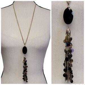 C1946 Sequin‎ Tassel Statement Necklace 31" Black Gold Tone Double Strand Chain